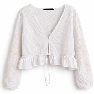 Zara White Embroidered Boho Peplum Tie Front Blouse Size XL